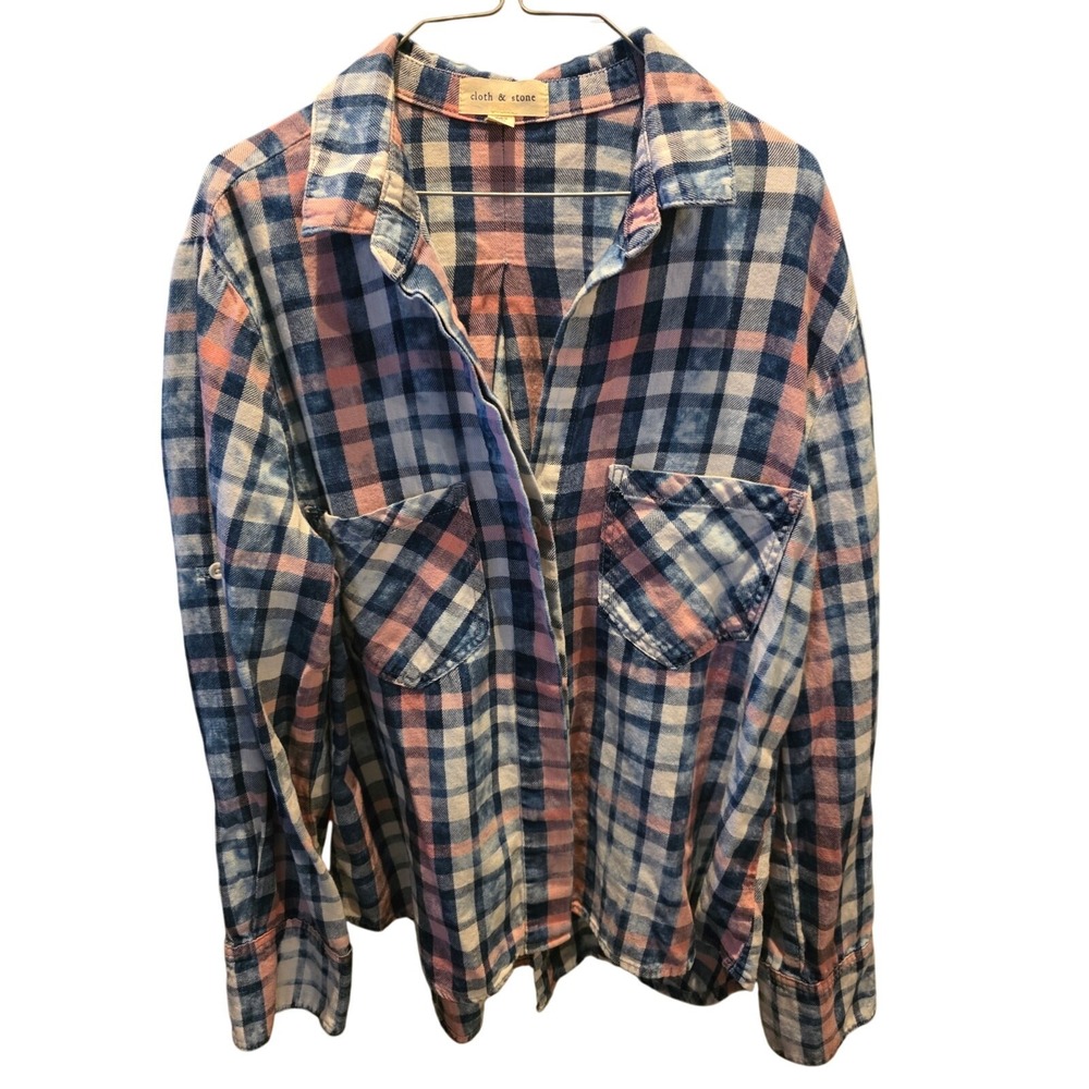 Cloth & Stone Button Front Long Sleeve Top M Womens Blue Pink Fall Plaid